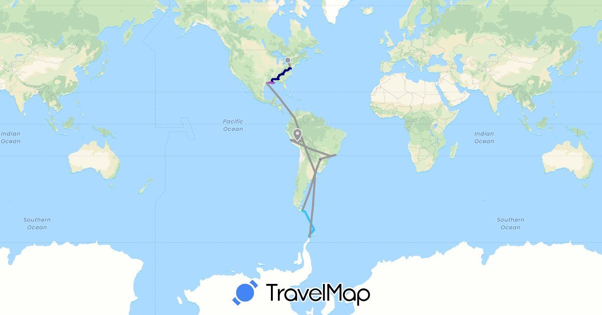 TravelMap itinerary: driving, bus, plane, train, hiking, boat in Antarctica, Argentina, Brazil, Canada, Colombia, Peru, United States, Uruguay (Antarctica, North America, South America)